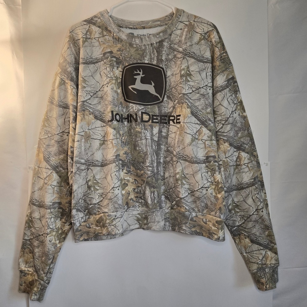 John Deere Mens Camo Crewneck Sweatshirt XL All Over Print Hunting Fleece Logo